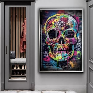 Impressão em tela de caveira de graffiti, arte colorida em tela de graffiti, impressão de arte de parede de caveira, decoração de parede de arte de rua, decoração de parede de arte de rua, arte pop