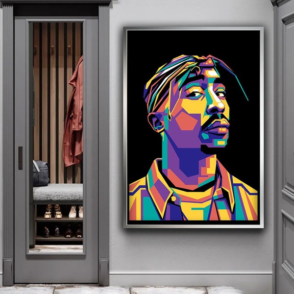 Portrait sur toile Tupac Shakur, impression colorée sur toile Tupac Shakur, oeuvre d'art sur toile hip hop, affiche hip hop, oeuvre d'art murale chanteuse célèbre, art moderne