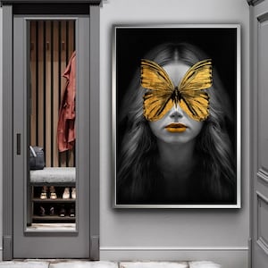 Woman with Butterfly Eyes Canvas Print, Woman Portrait Art, Butterfly Face Girl Canvas Art,  Butterfly Framed Canvas, Butterfly Wall Art