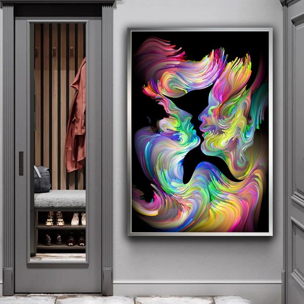 Abstract Couple Kissing Love Painting, Colorful Couple in Love Wall Art, Romantic Canvas Painting, Man and Woman Art, Modern Wall Decor