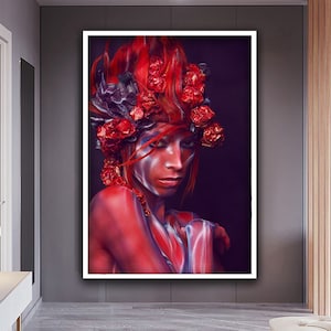 Woman with Red Flower Head Canvas Painting, Red Woman Wall Art, Red Abstract Woman Art, Floral Woman Art, Woman Canvas, Modern Home Decor