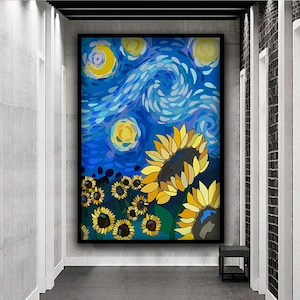 Sunflower Night Canvas Print, Sunflowers Wall Art, Sunflower Field Canvas Painting, Floral Nature Decor, Field Landscape Wall Decor