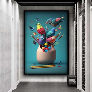 Bunte Vögel Leinwanddruck, Vögel mit Bleistiften Wandkunst, Tier Leinwand Gemälde, Vogelliebhaber Geschenk, Tierliebhaber Wandkunst, Bunte Kunst für Haus