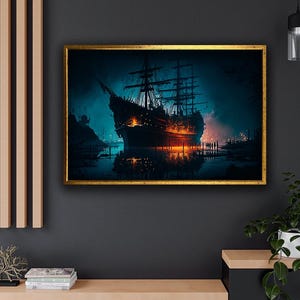 Burning Pirate Ship Canvas Art, Pirate Painting, Sailing Ship Canvas Print, Decor, Battleship Canvas, Boating Ship Art, Ship Home Decor