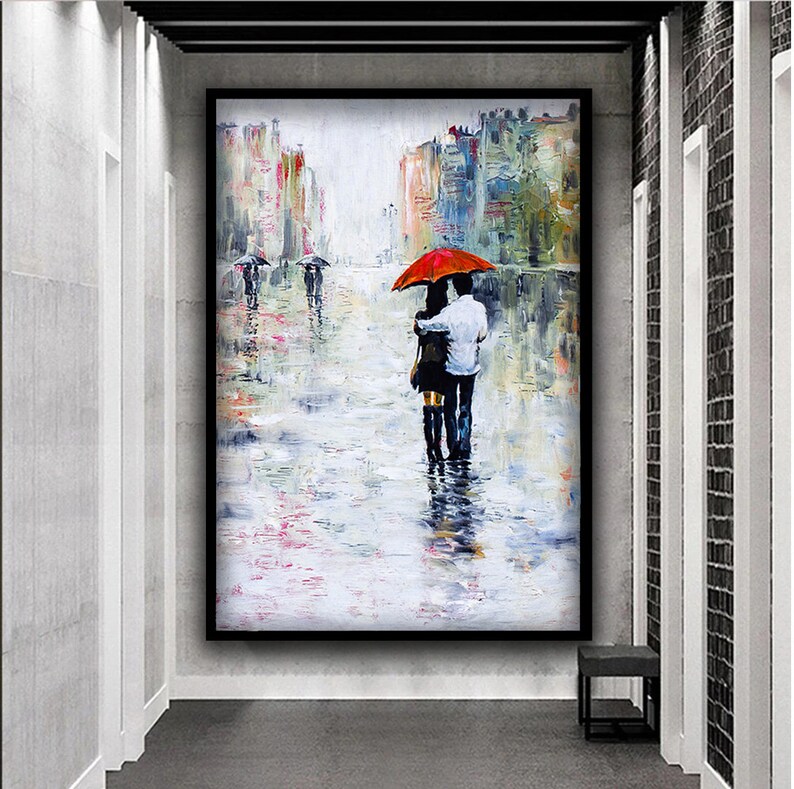 Romantic Couple Canvas Art, Romantic Couple Walking Rain Canvas, Rainy