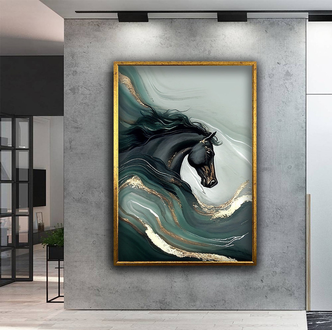 Abstract Black Horse Canvas Painting, Gold and Black Horse Wall Art ...