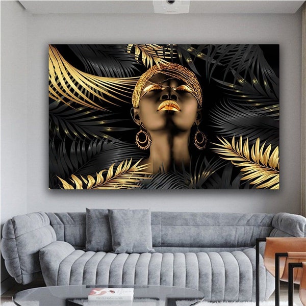 Femme noire et or avec peinture sur toile de feuilles, art mural sur toile de femme en or noir, art de femme africaine en or, toile à lèvres en or, toile ethnique