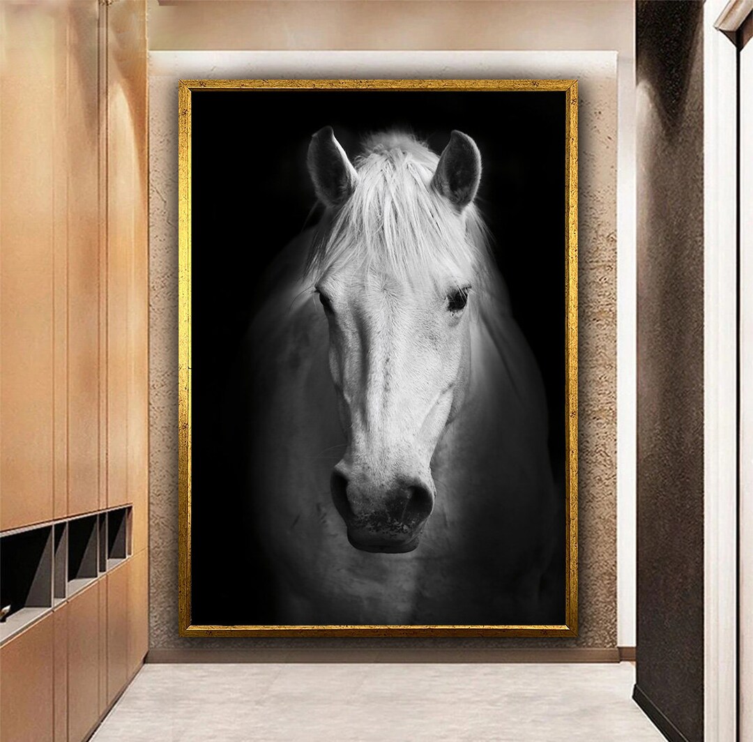 White Horse Canvas Art, Black and White Horse Wall Art, Horse Canvas