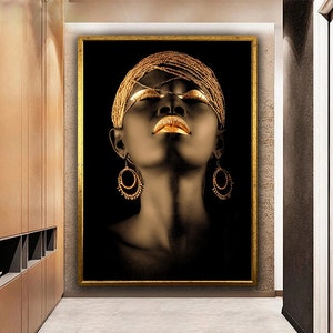 African Woman Wall Decor, Gold African Canvas Wall Art, African Gold Lip, Black Woman Canvas Art, Black Gold Woman Canvas Wall Art