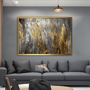 Gray and Gold Feathers Canvas Painting, Feather Canvas Print, Grey and Gold Feather Painting on Canvas, Feather Wall Art
