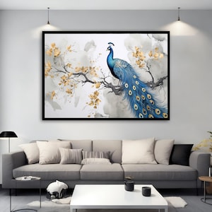 Peacock on the Branch Canvas Art, Peacock Wall Art, Blue Peacock Canvas Wall Art ,Bird Painting, Animal Home Decor