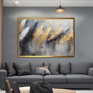 Feather  Canvas, Abstract Feather Poster, Black and Gold Feather Wall Art,  Feather Canvas Print