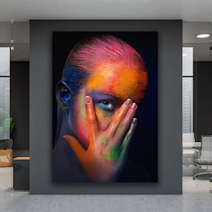 Woman with Colorful Makeup Canvas Art, Woman with Blue Eyes Canvas Painting, Colorful Woman Wall Art, Colorful Girl Face Canvas Wall Art