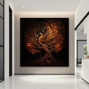 Phoenix Canvas Art, Fiery Phoenix Wall Art,  Phoenix on the Tree Poster, Phoenix Canvas Print, Animal Home Decor