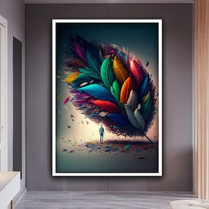 Colorful Feathers Canvas Print, Big Feathers and Man Wall Art, Flying Feathers Canvas Art, Bird Feathers Wall Decor, Surreal Home Decor