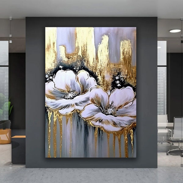 Toile or blanc et fleurs, oeuvre d'art murale sur fond gris, peinture sur toile fleurs blanches, oeuvre d'art murale fleurs, oeuvres d'art florales blanches, affiches florales