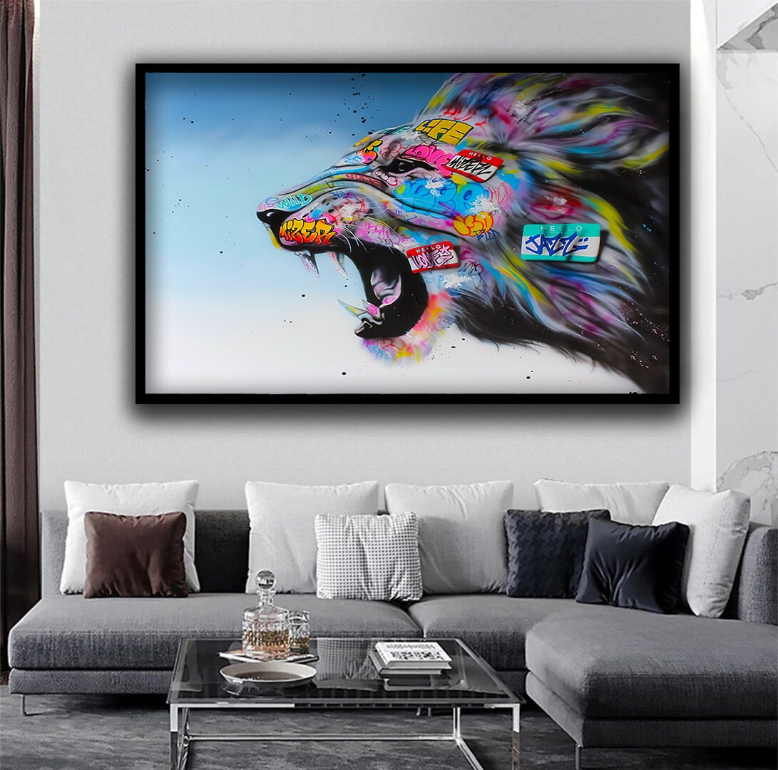 Roaring Lion Graffiti Canvas Art, Lion Graffiti Wall Art, Lion Pop Art Print, Street Graffiti