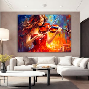 Violinist Girl Canvas Painting, Violinist on Canvas, Woman Playing Violin Canvas, Violinist in a Red Dress Wall Art