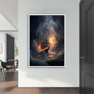 Ship Canvas, Fantasy Ship Row Boat, Pirate Ship Painting, Pirate Ship in Storm, Sailing Wall Art, Night Art Canvas, Seascap Modern Wall Art