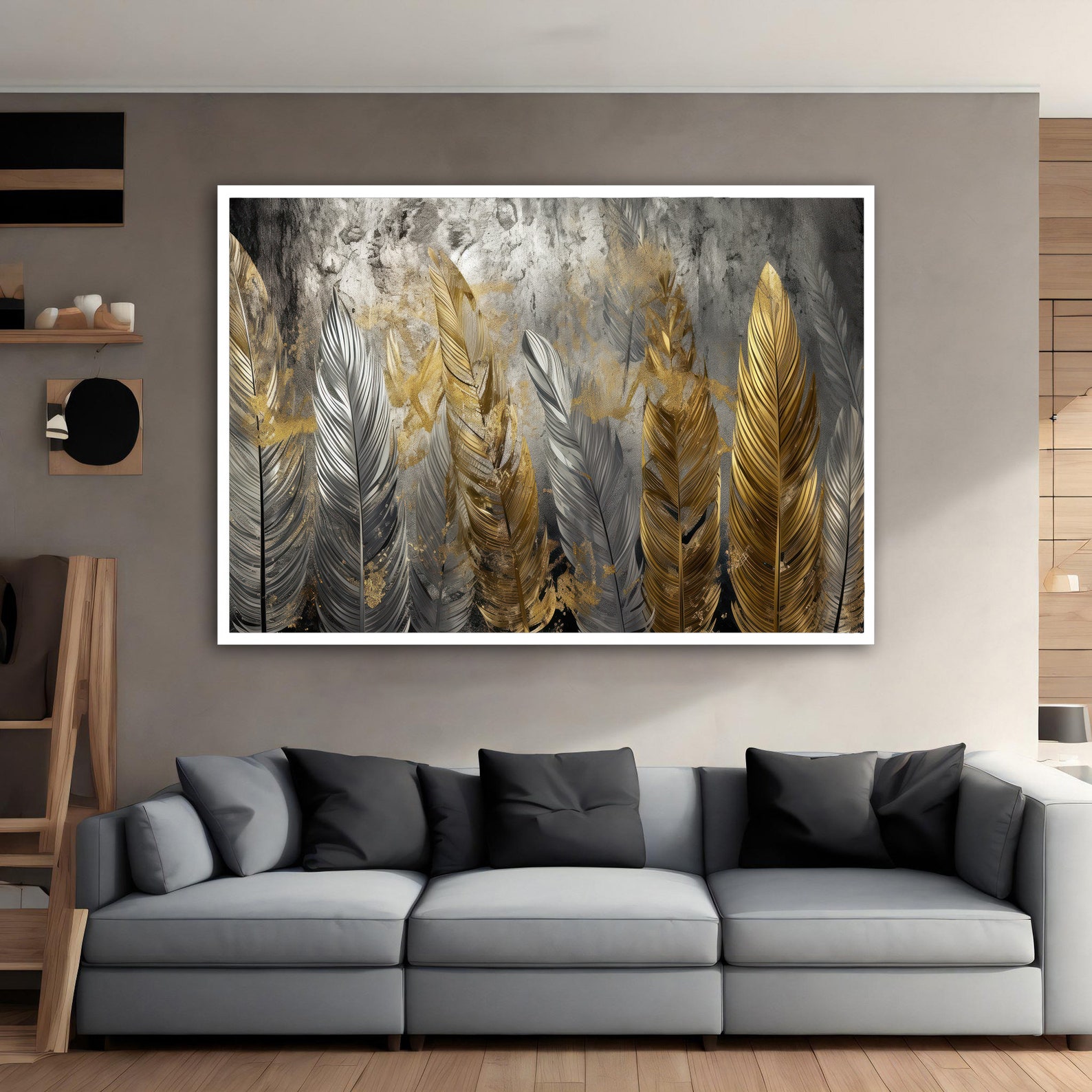 Gray and Gold Feathers Canvas Painting, Feather Canvas Print, Grey and ...