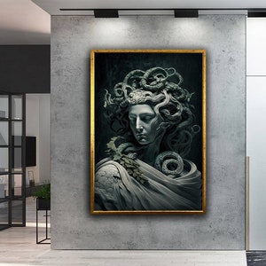 Medusa Statue Canvas Art, Medusa Wall Art, Ancient Greek Mythology Art, Snake Head Abstract Canvas Painting, Modern Home Decor
