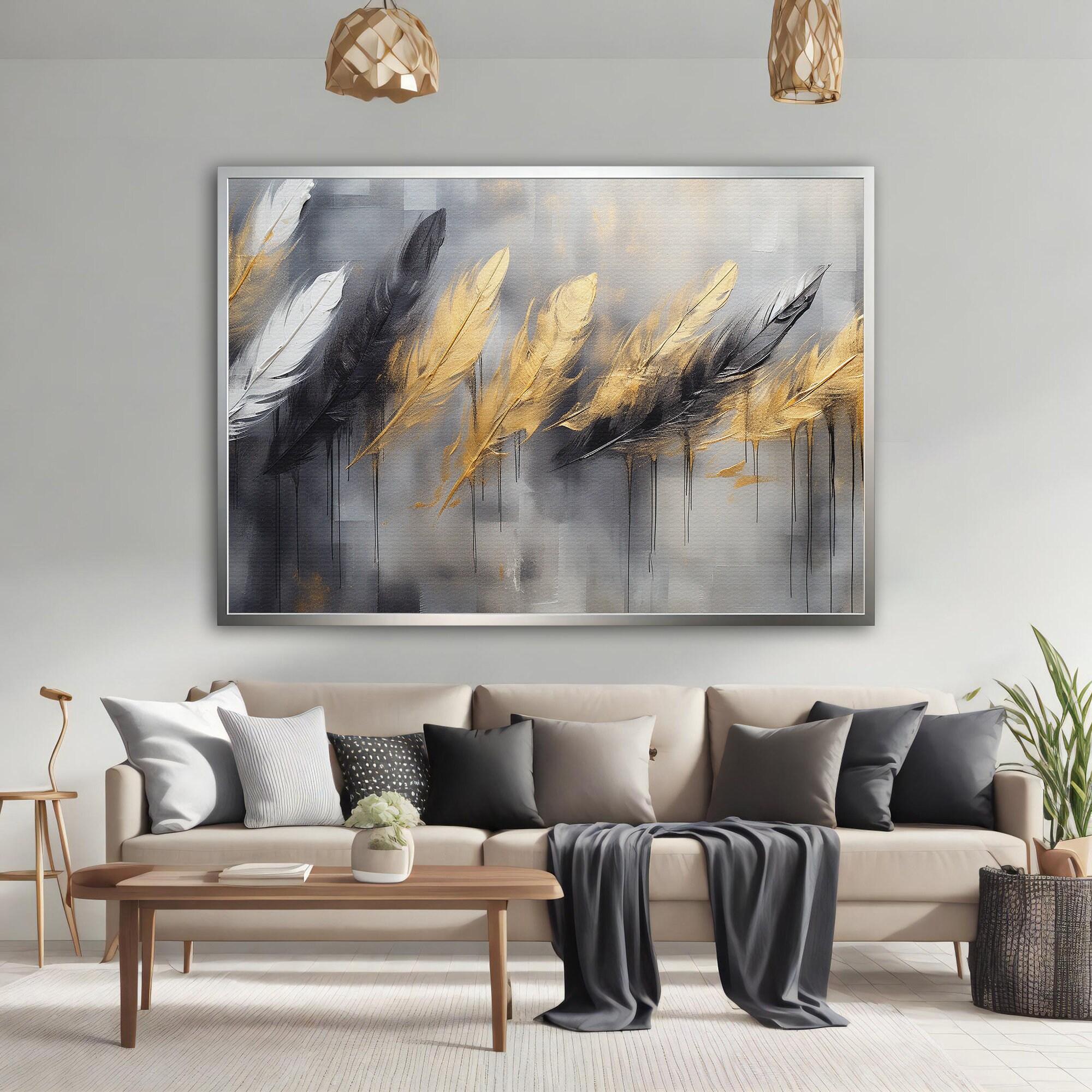 Feather Canvas, Abstract Feather Poster, Black and Gold Feather Wall