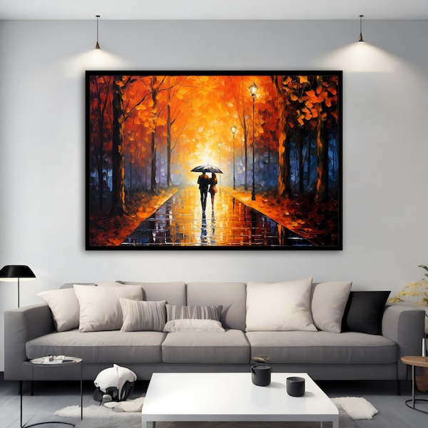 Romantic Couple Canvas Art, Romantic Couple Walking Rain, Love Print Canvas, Love Hearth Canvas, Auntum Wall Art, Modern Home Decor