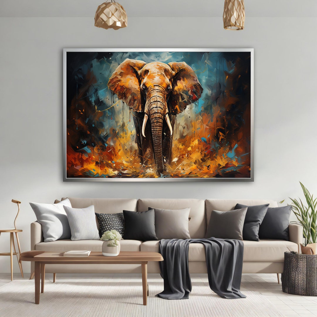 Colorful Elephant Canvas Painting, Huge Elephant Wall Art Print on ...