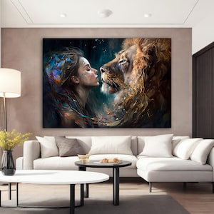 Lion and Girl Canvas Painting, Love of Woman and Lion Canvas, Lion Painting, Lion Couple Canvas Print Art, Woman Wall Art, Modern Home Decor