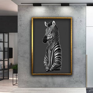 Zebra Canvas Painting, Humanoid Zebra Wall Art, Animal Wearing Clothes Canvas Print, Animal Head Human Body Canvas Art, Animal Home Decor