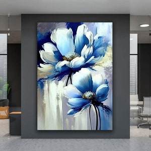 Blue And White Flower Canvas Painting, Blue and White Floral Painting, Flowers Art Print, Floral Wall Art, Flower Art Gift