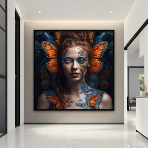 Butterfly Woman Canvas Painting, Butterfly Art, Orange and Blue butterfly Girl Canvas Wall Decor, Modern Home Decor