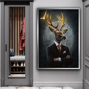 Arte em tela de cervo, pintura em tela de homem de cervo, arte vitoriana de retrato de cervo, arte de parede de cervo, decoração de parede de veado, arte de parede de animal