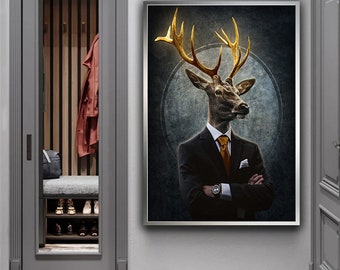 Deer in Suit Canvas Art, Deer Man Canvas Painting, Victorian Deer Portrait Art, Deer Wall Art, Stag Wall Decor, Animal Wall Art