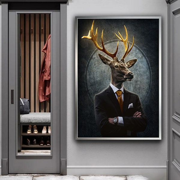 Deer in Suit Canvas Art, Deer Man Canvas Painting, Victorian Deer Portrait Art, Deer Wall Art, Stag Wall Decor, Animal Wall Art