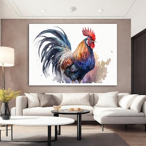 Rooster Canvas Painting, Stunning Rooster Canvas Wall Art, Watercolor Animal Portrait, Rooster Wall Decor,  Animal Painting