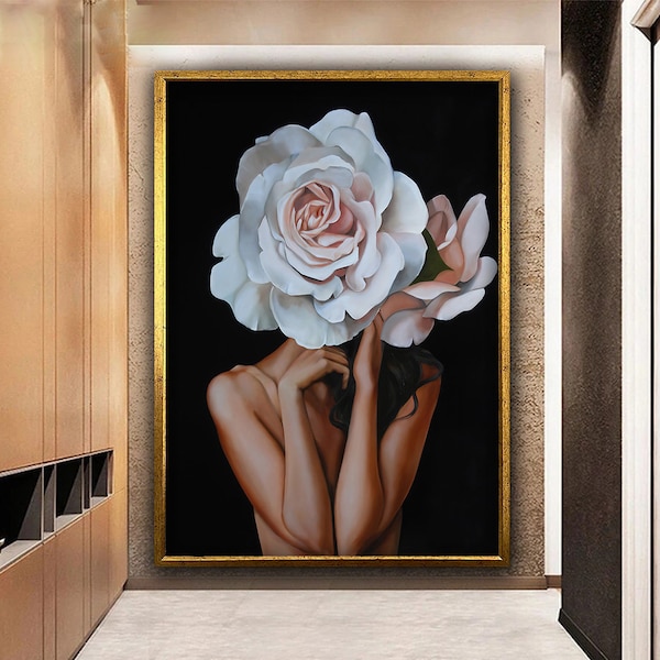 Rose Kopf Frau Leinwanddruck, weiße Blumen Kopf Frau Kunst, Frau mit Blume Kopf Leinwand Gemälde, Frau Blumen Portrait, moderne Wandkunst