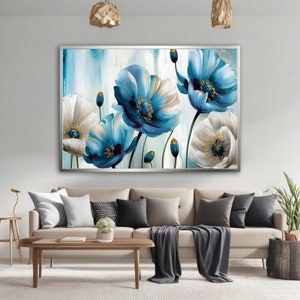 Blue And White Flower Canvas Painting, Blue and White Floral Painting, Flowers Art Print, Floral Wall Art, Flower Art Gift