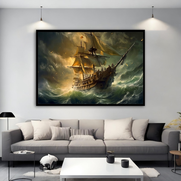 Schiff im Sturm Leinwand Gemälde, Segelschiff Meer Sturm Kunst, Sturm Leinwand Druck, Ruderboot Wandkunst, Segelboot Leinwand Kunst, Schiff Landschaft Kunst