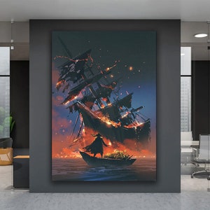 Burning Pirate Ship Canvas Art, Pirate Painting, Sailing Ship Canvas Print, Decor, Battleship Canvas, Boating Ship Art, Ship Home Decor