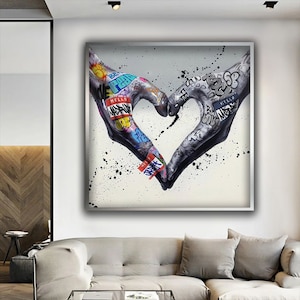 Heart Hands Canvas Wall Art, Graffiti Hands Canvas Print Art, Love Hands Canvas Art, Banksy Love Graffiti Wall Art, Graffiti Poster