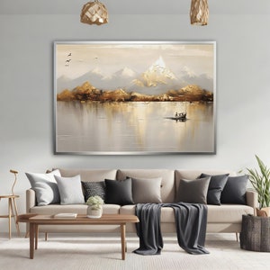 Lake Landscape Painting, Mountain and Lake Landspace Wall Art, Calm Lake Print, Landscape Art Print, Vintage Lake Painting