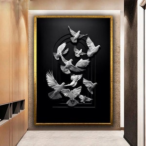 White Pigeons Canvas Painting,  Flying Pigeons Wall Art, White Dove Canvas Print, White Birds Canvas Art, Black and White Canvas