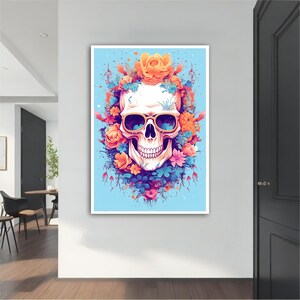 Flower Skull Canvas Painting, Colorful Skull Wall Art, Skeleton Canvas Painting, Skull Canvas Decor , Modern Home Decor, Skull Art