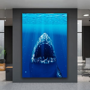 Shark Canvas Print , Shark Wall Decor, Shark Open Mouth Poster On Canvas, Swimming Shark Canvas Art, Blue Sea Wall Art, Animal Home Decor