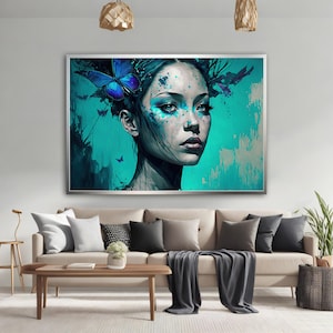 Woman Portrait Canvas Art, Woman and Butterfly in Blue Canvas Wall Art, Blue Eyes Woman Canvas Wall Art, Abstract Girl Canvas Paint
