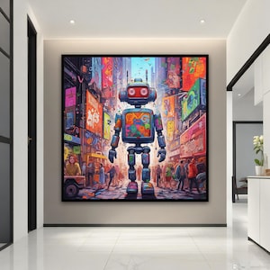 Robot in the City Graffiti Art, Street Art Graffiti Art, Street Pop Art, Abstract Colorful Robot Wall Decor
