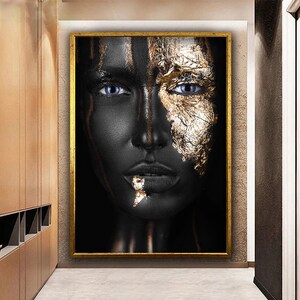 Blaue Augen schwarze Frau Leinwand Kunst, Afrikanisches Mädchen Gold Gesicht Leinwand Druck, Frauen Wandkunst, ethnische Frauen Wandkunst, afrikanische Frau Wandkunst