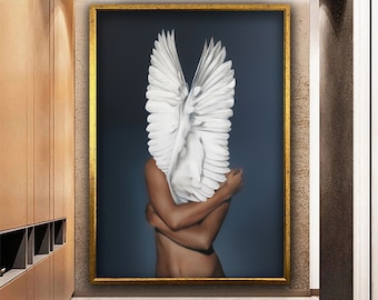 Black Woman with White Winged Head Canvas Painting, White Wings Wall Art, Wing Woman Canvas Print, Naked Woman Canvas Print, Modern Art