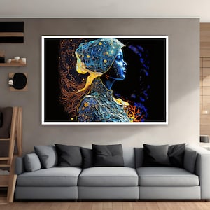 Surreal Woman Canvas Art, Shine Woman Art,  Blue Woman Canvas Print, Woman Portrait Canvas Wall Decor, Woman Canvas Wall Art